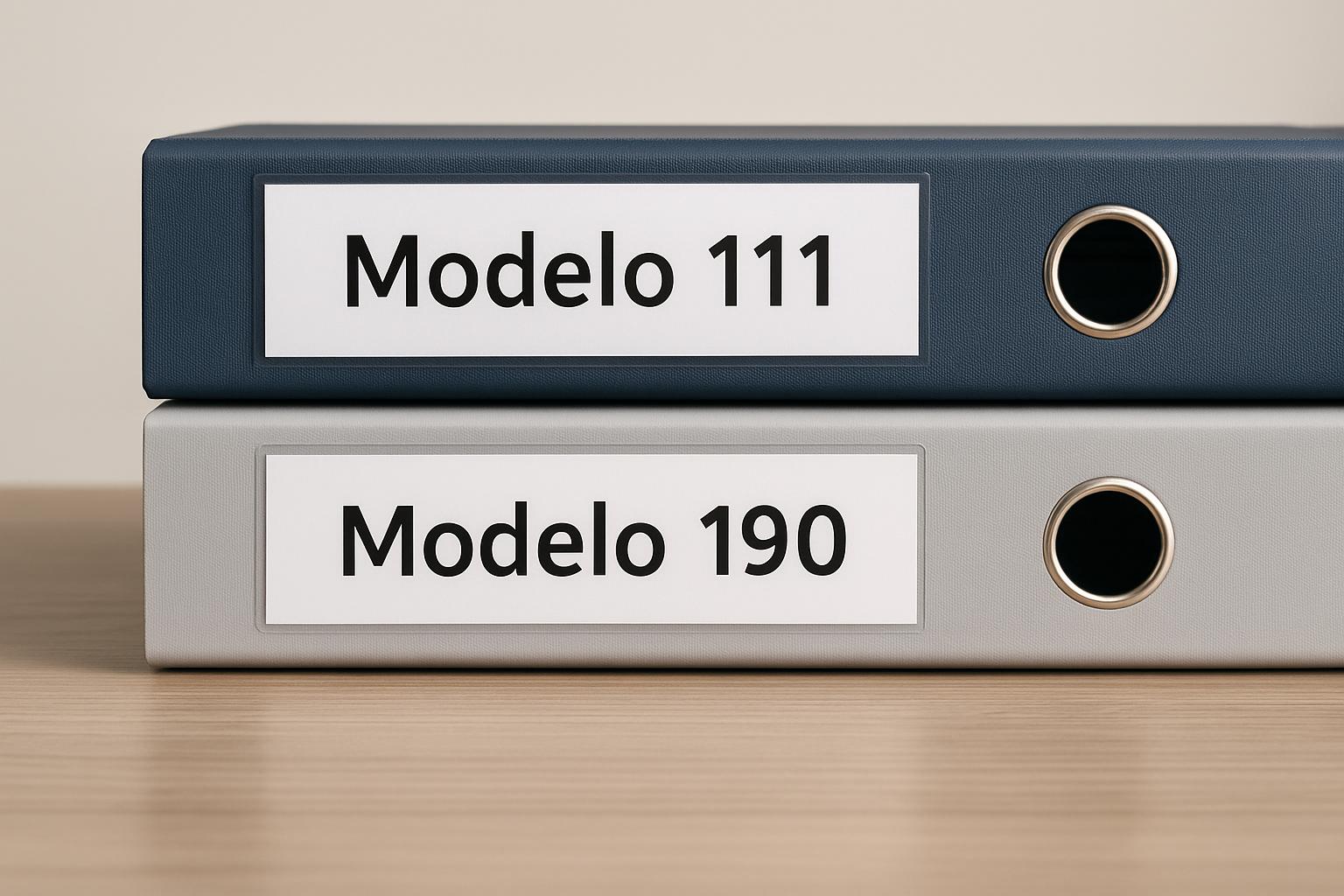 Archivadores etiquetados como Modelo 111 y Modelo 190 sobre una mesa, simbolizando la gestión documental de retenciones fiscales.