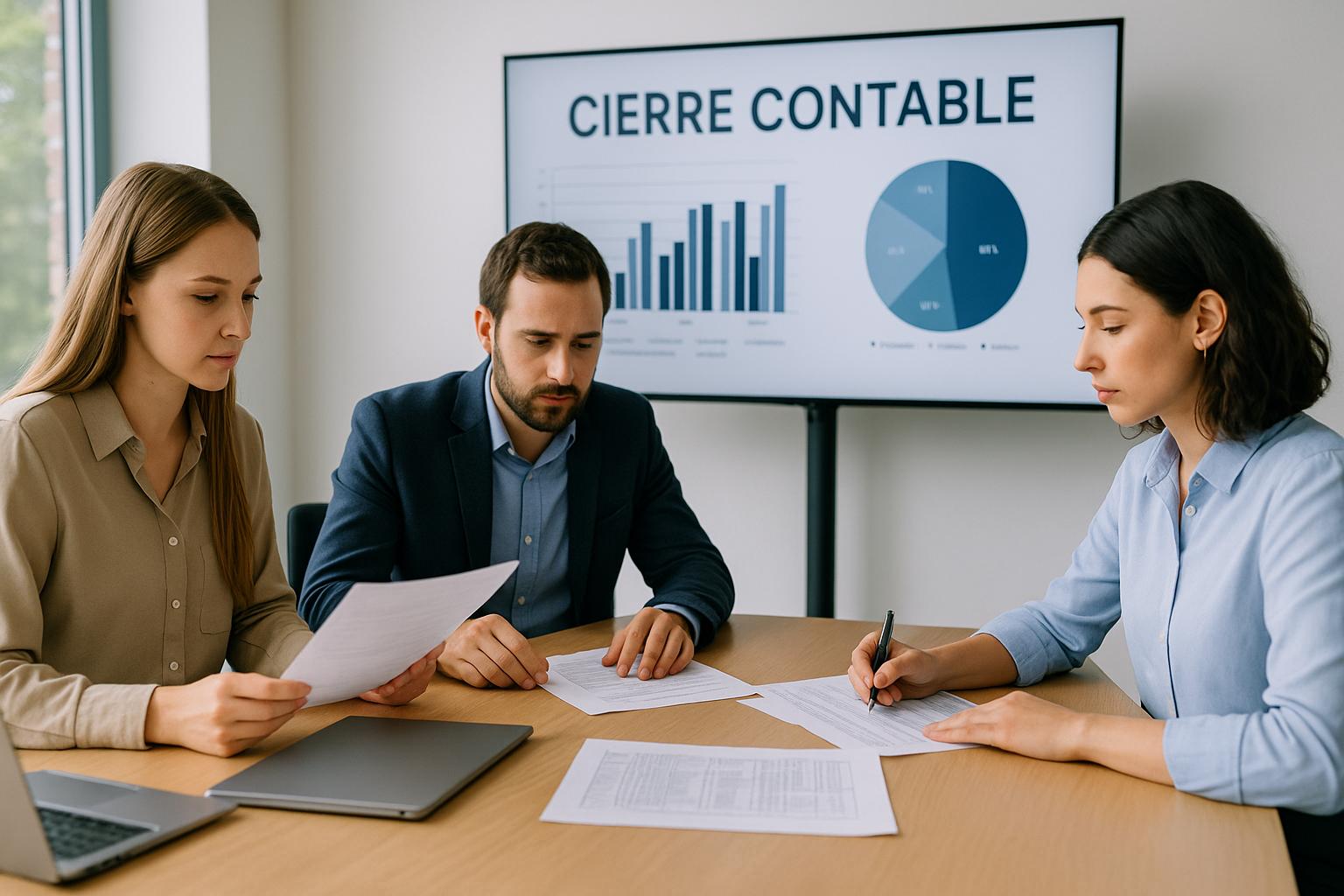Equipo contable reunido frente a una pantalla con gráficos financieros y el título “Cierre contable”, ilustrando el proceso de qué es un cierre contable y cómo prepararlo correctamente.