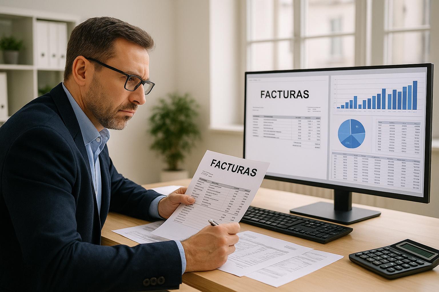 Responsable contable revisando en pantalla un listado de facturas, ilustrando qué pasa si no cumples con Verifactu y la importancia de utilizar sistemas de facturación adaptados.