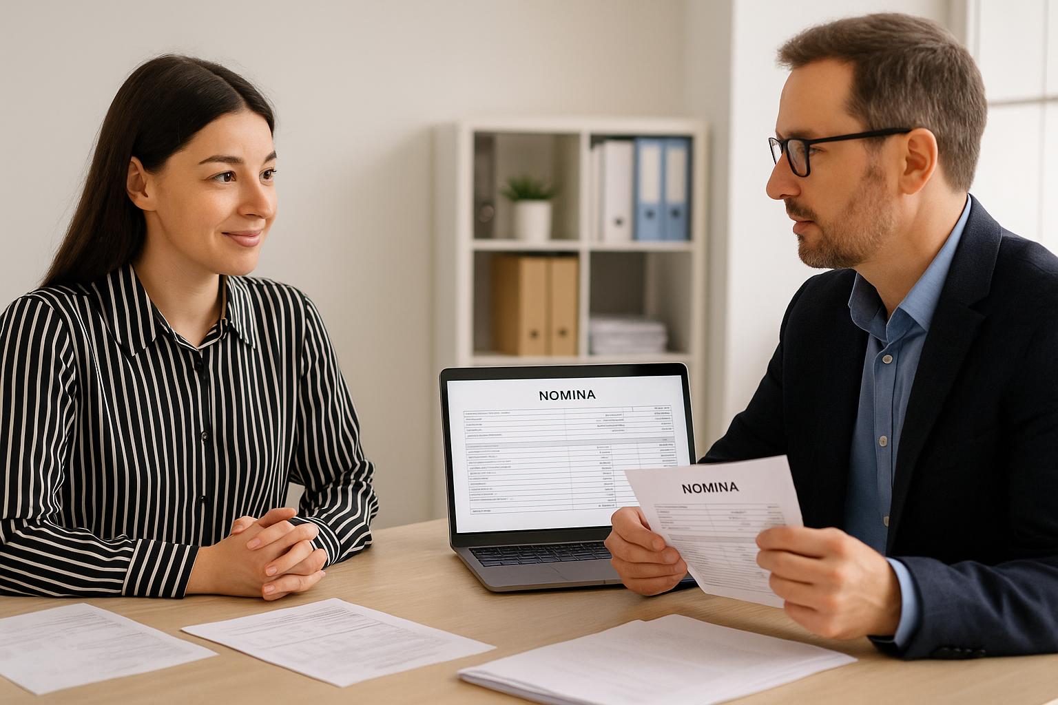 Empleado y responsable de recursos humanos revisando documentos de nómina en una reunión, ilustrando cómo gestionar anticipos de nómina y su correcta contabilización.