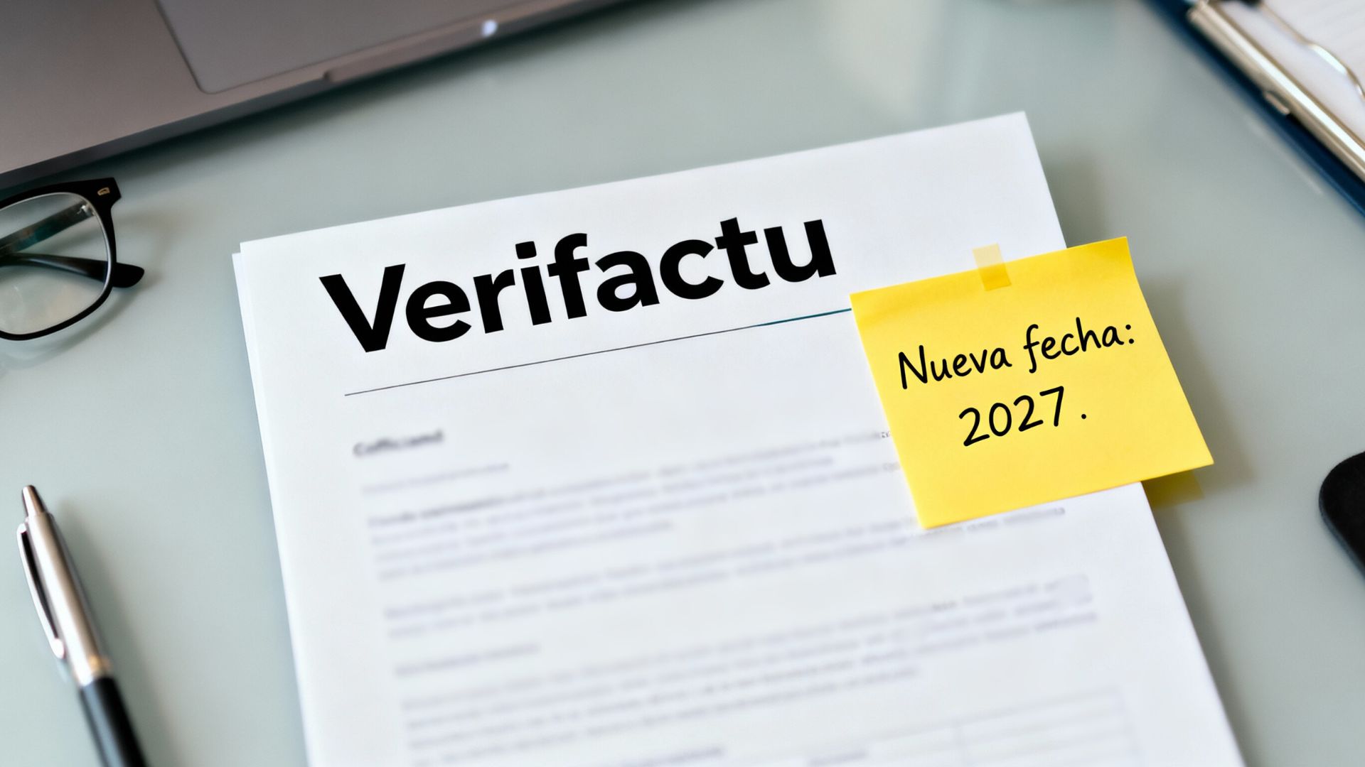 Documento con el título Verifactu y una nota adhesiva que indica “Nueva fecha: 2027”, ilustrando que Verifactu se retrasa hasta 2027.