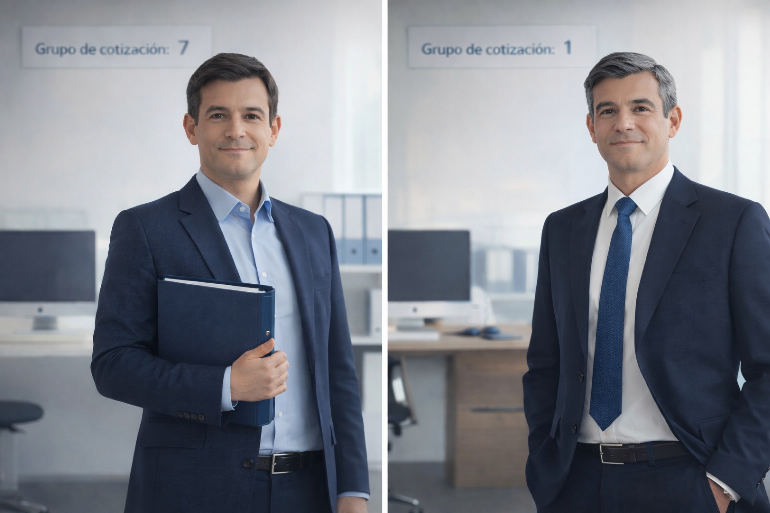 Escena en oficina que muestra qué es el grupo de cotización a través de dos perfiles profesionales con diferentes grupos asignados